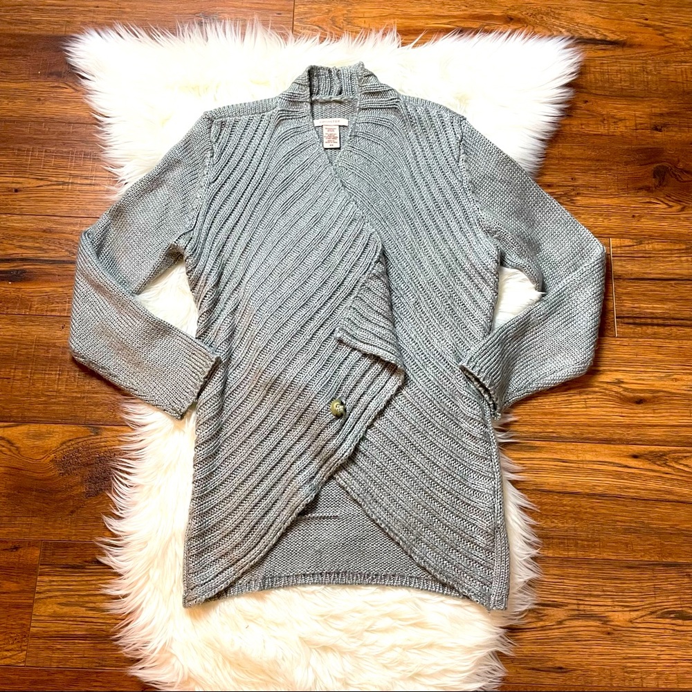 Covington Woman’s Ribbed Knit Gray/Silver Buttoned Open Cardigan Size M EUC